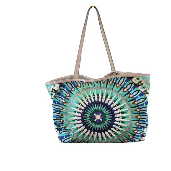 Rebecca Minkoff Embroidered Beaded Leather Tote Bag Gray Blue Green Purple Ivory - Picture 1 of 12